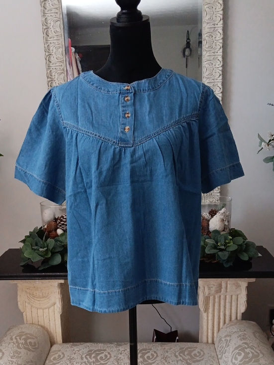 Tops - Denim Button Yoke Short Sleeve Top - Blue